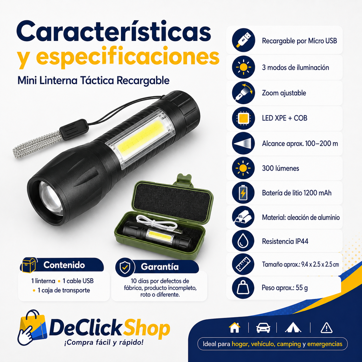 Mini Linterna Táctica Recargable 3 Modos con Zoom y Luz Lateral COB