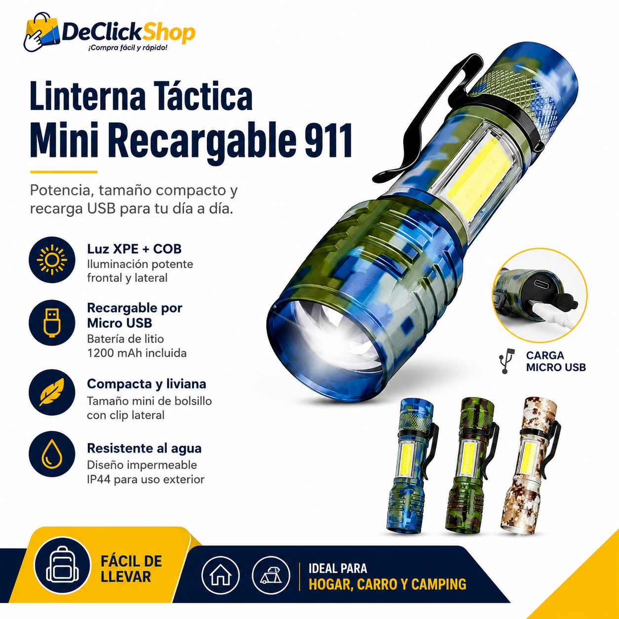 Linterna Táctica Mini Recargable 911 con Luz XPE + COB