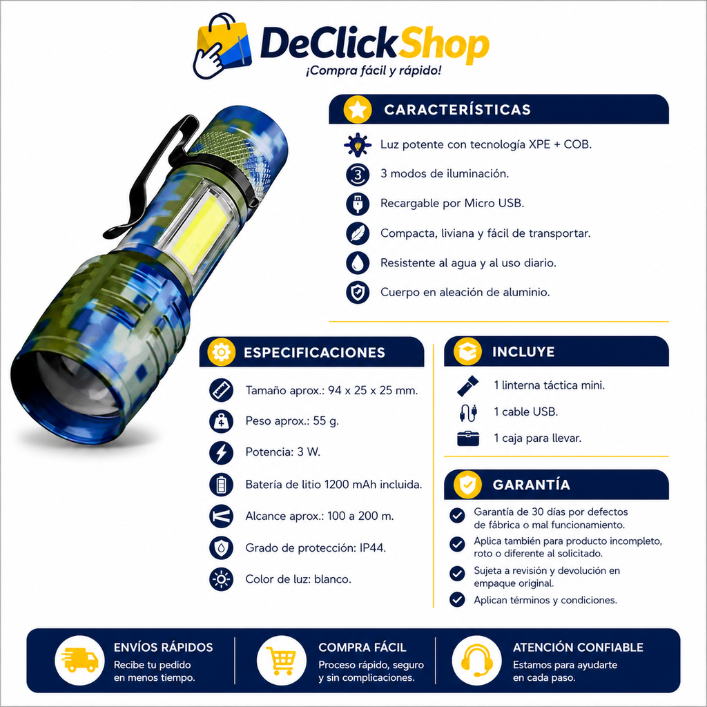 Linterna Táctica Mini Recargable 911 con Luz XPE + COB