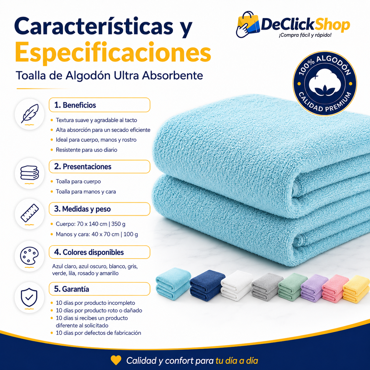 Toalla de Algodón Ultra Absorbente para Cuerpo, Manos y Cara