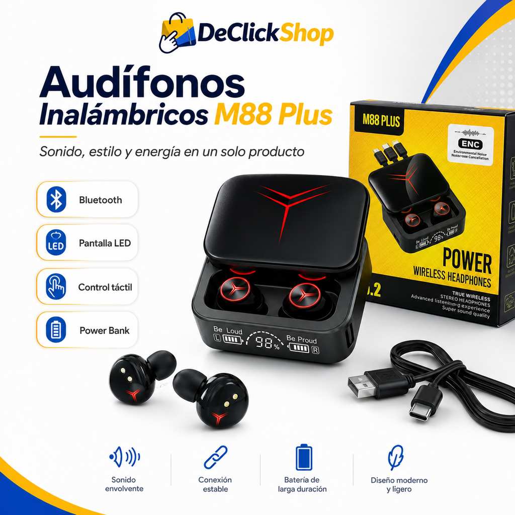 Audífonos Inalámbricos M88 Plus Bluetooth con Estuche Power Bank y Pantalla LED