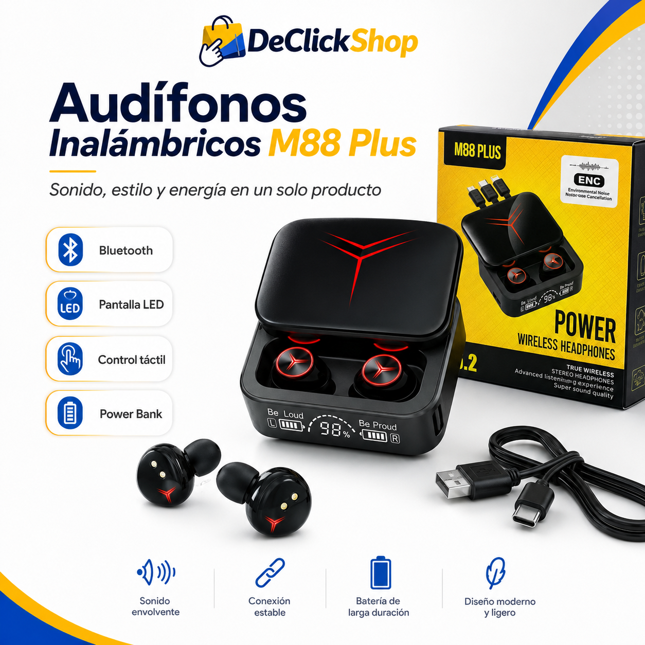 Audífonos Inalámbricos M88 Plus Bluetooth con Estuche Power Bank y Pantalla LED