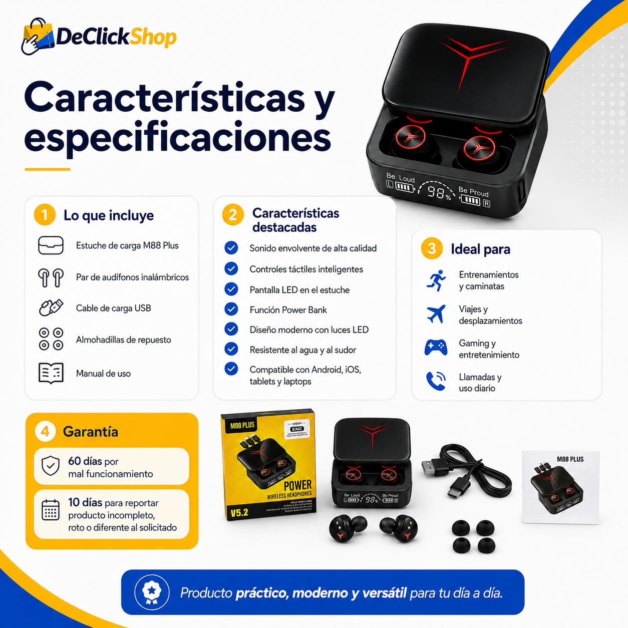 Audífonos Inalámbricos M88 Plus Bluetooth con Estuche Power Bank y Pantalla LED