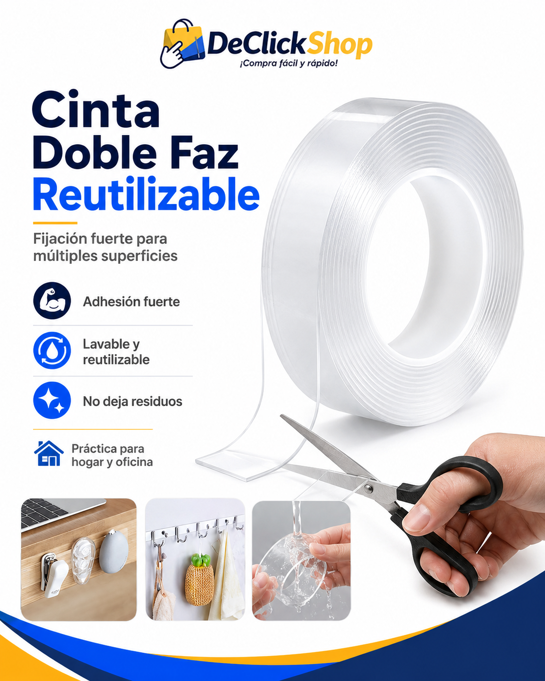 Cinta Doble Faz Transparente, Lavable y Reutilizable
