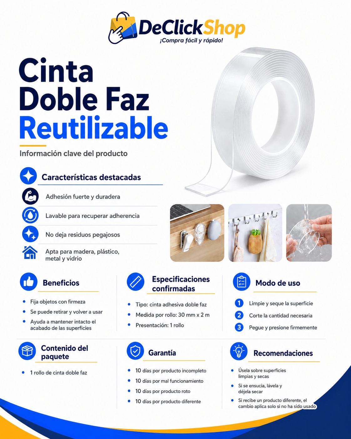 Cinta Doble Faz Transparente, Lavable y Reutilizable