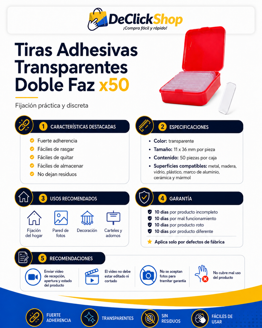 Tiras Adhesivas Transparentes de Doble Faz x50