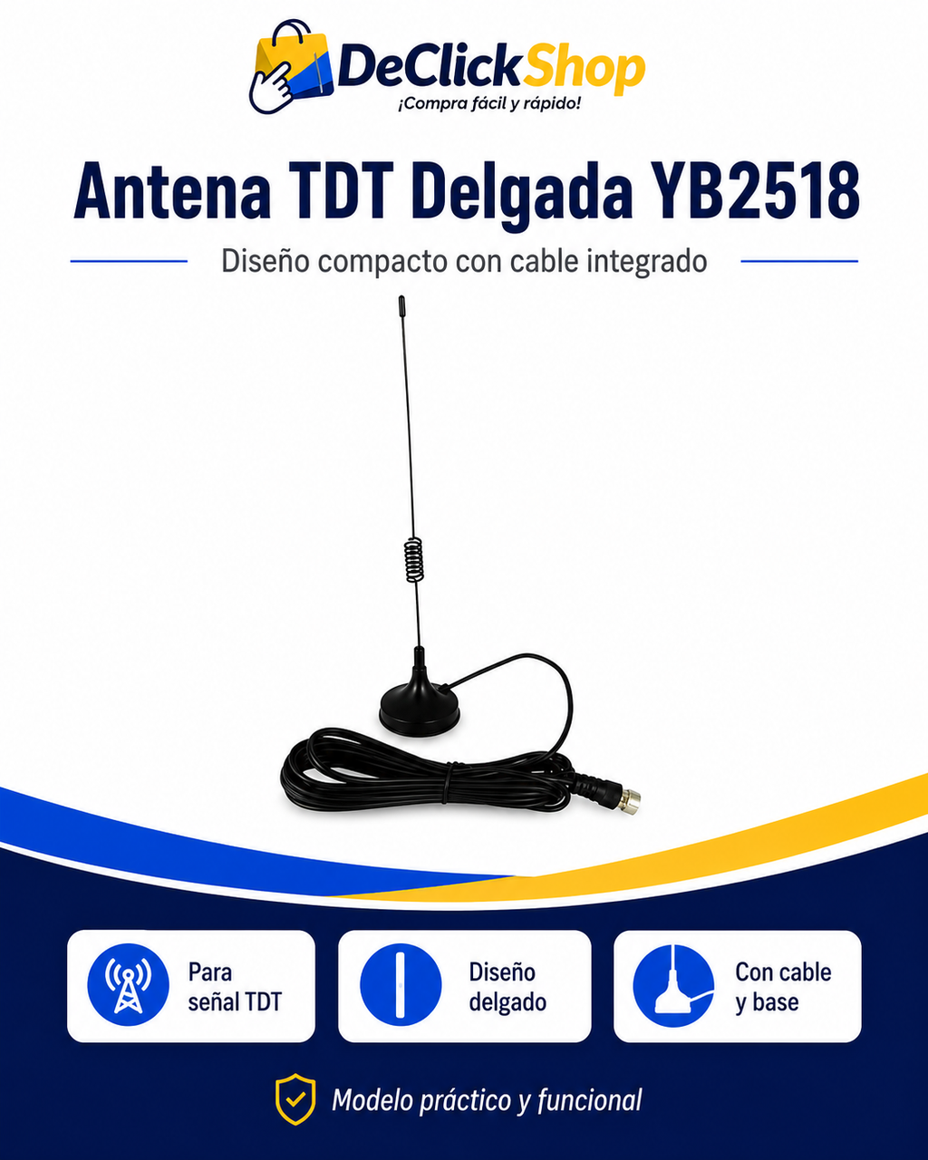 Antena TDT Delgada YB2518 con Cable y Base