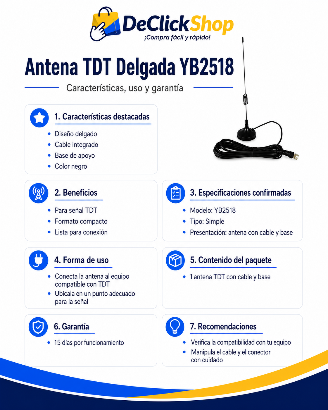 Antena TDT Delgada YB2518 con Cable y Base
