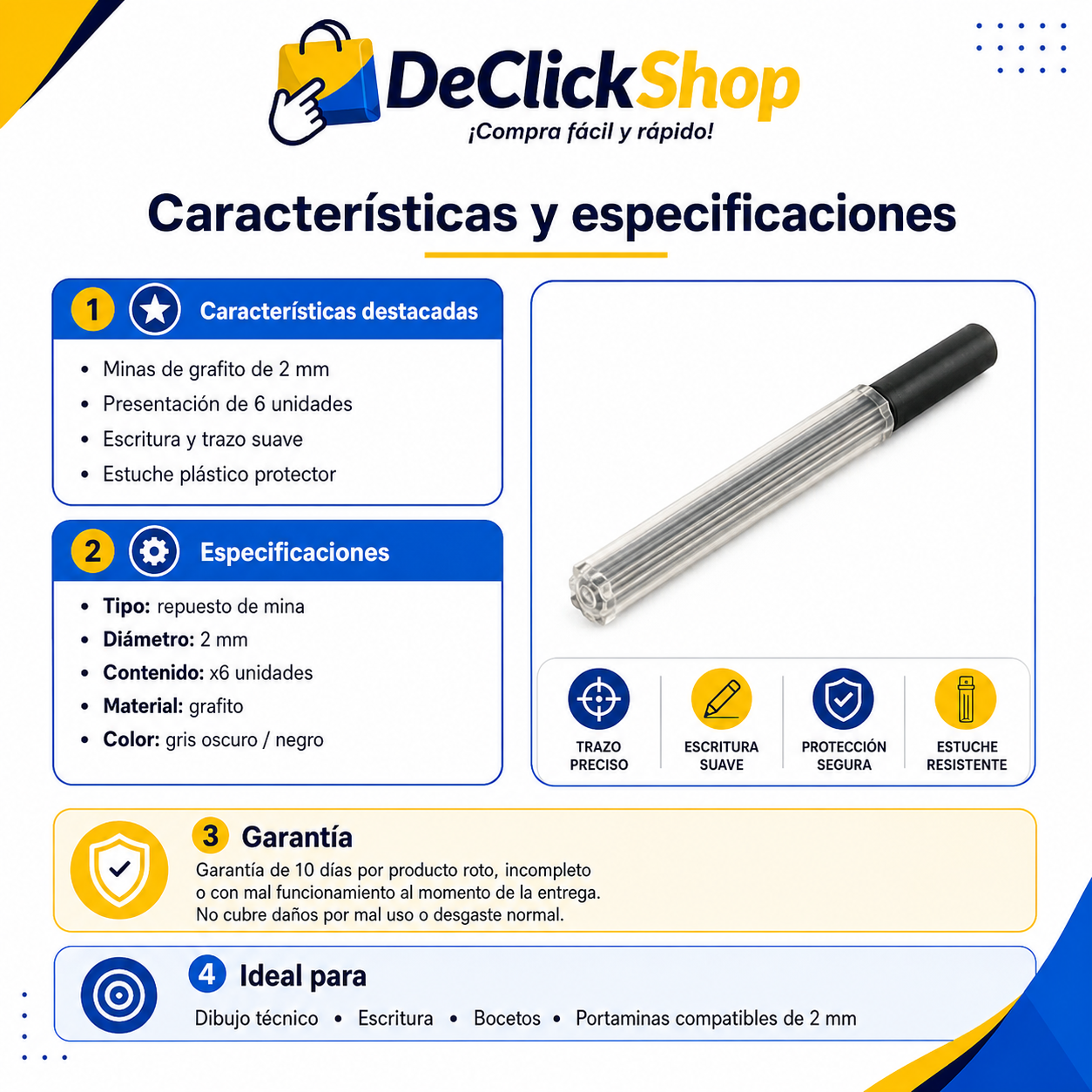 Mina de Grafito 2 mm x 6 Unidades con Estuche Protector