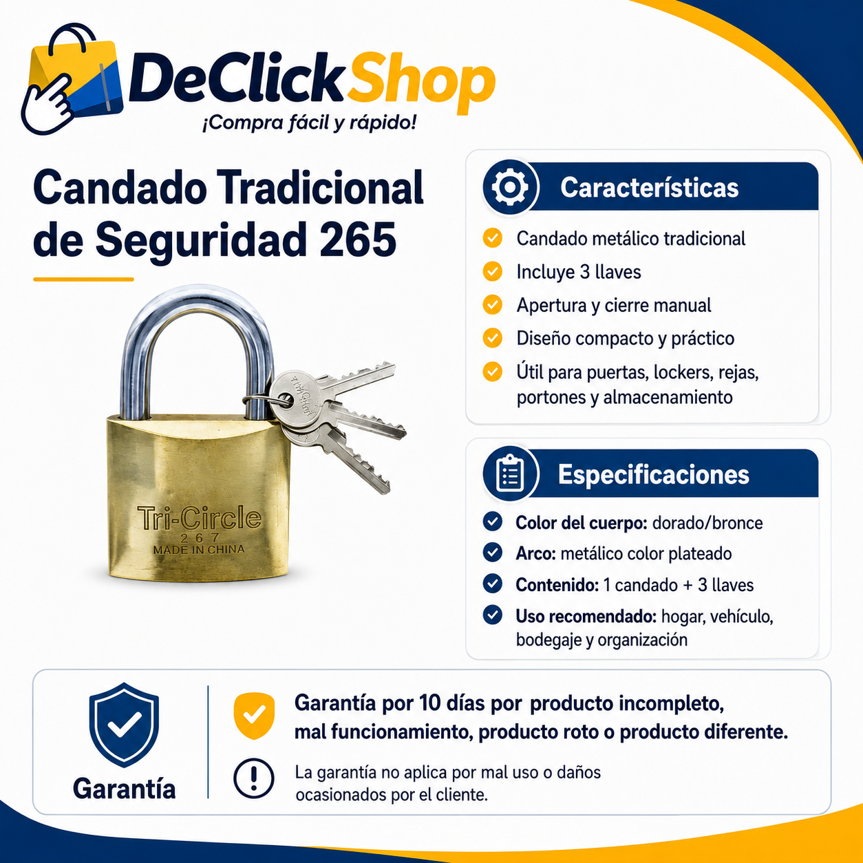 Candado Tradicional de Seguridad 265 con 3 Llaves