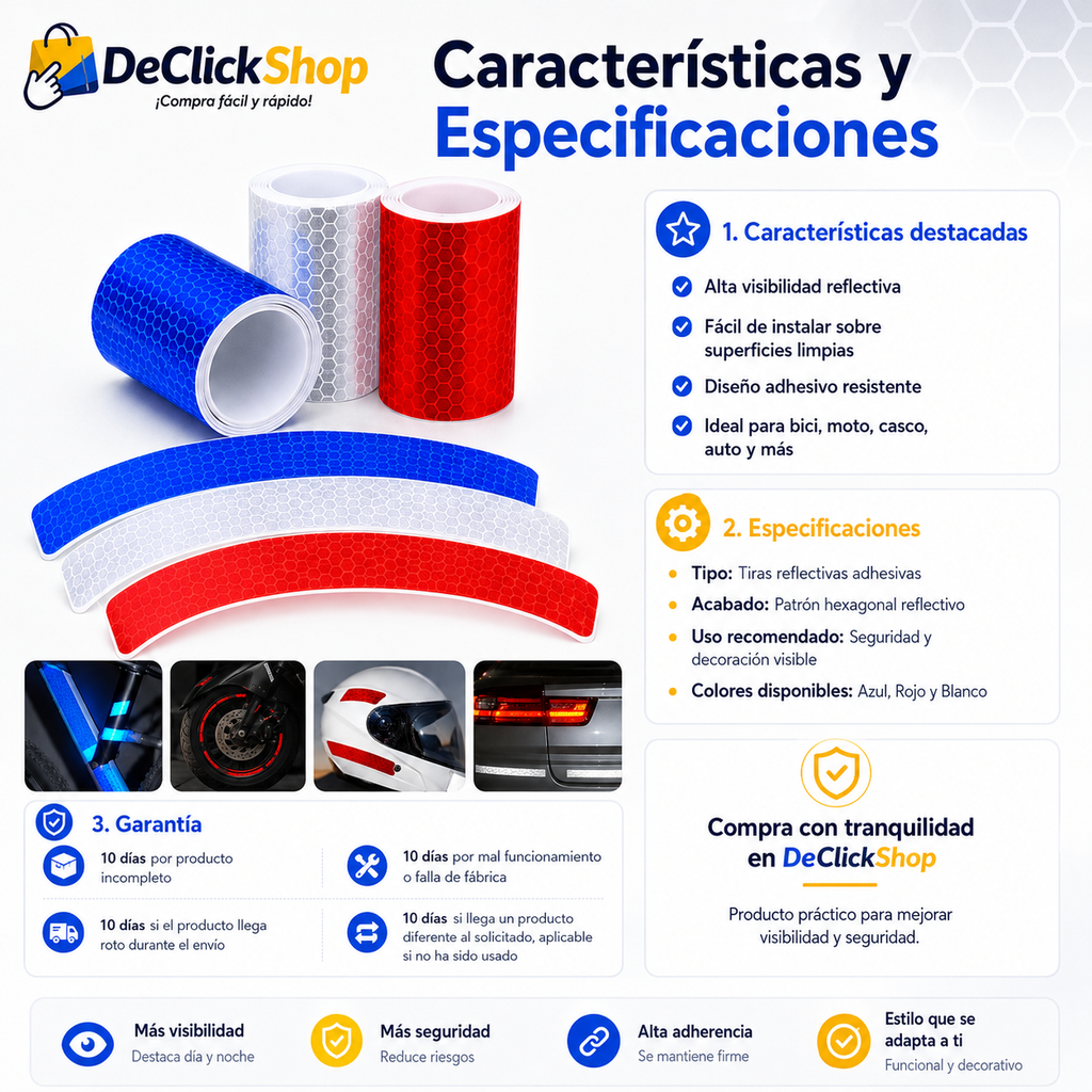 Tiras Reflectivas Adhesivas de Alta Visibilidad para Moto, Bicicleta, Casco y Vehículos