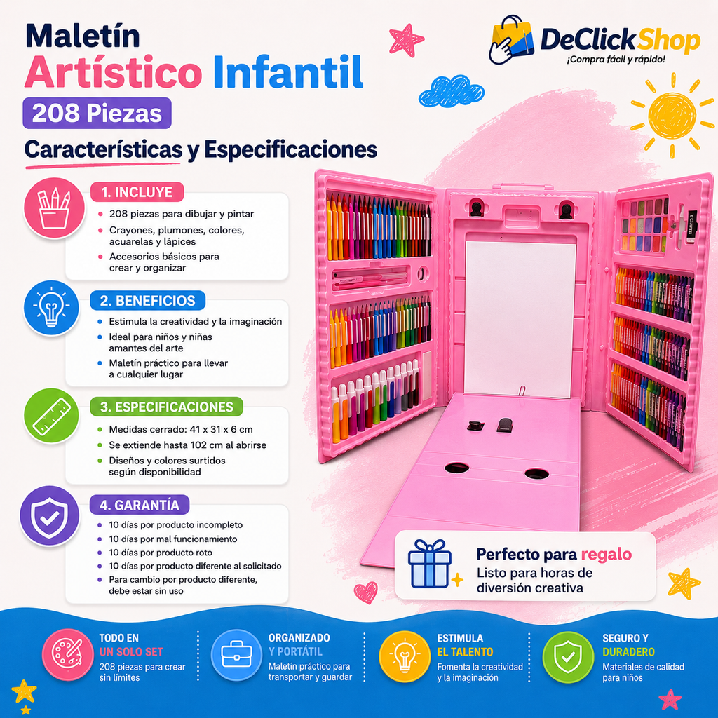 Maletín Artístico Infantil 208 Piezas | Set de Arte Portátil para Niños