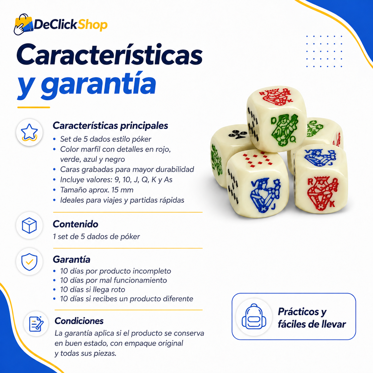Dados de Póker x5 – Juego de Mesa Portátil