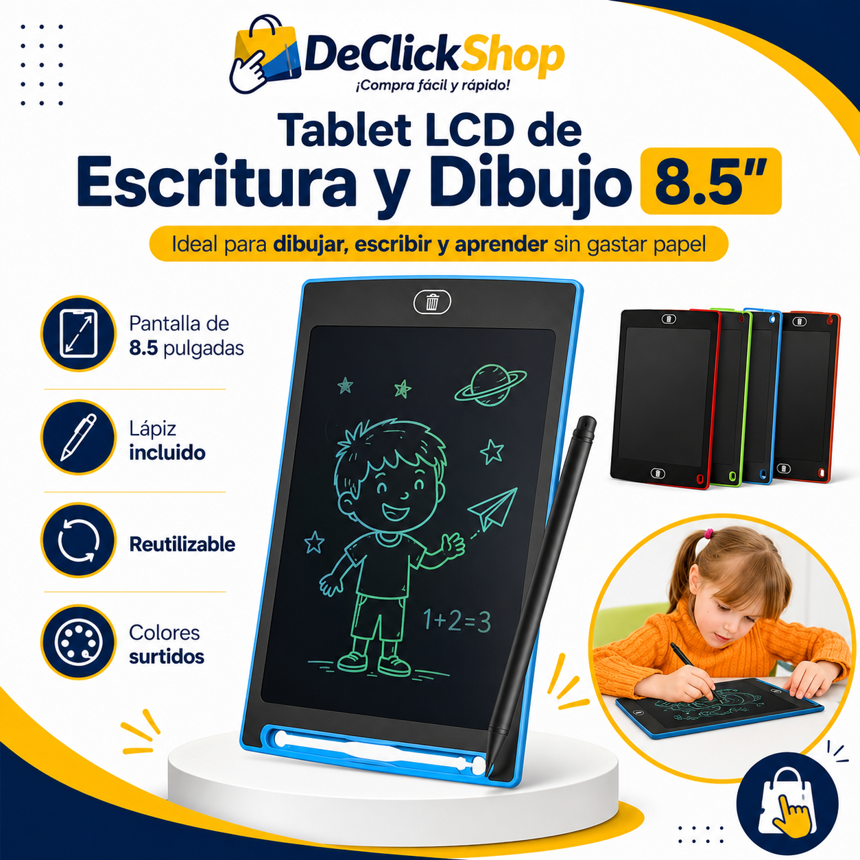 Tablet LCD de Escritura y Dibujo 8.5” para Niños – Pizarra Reutilizable con Lápiz