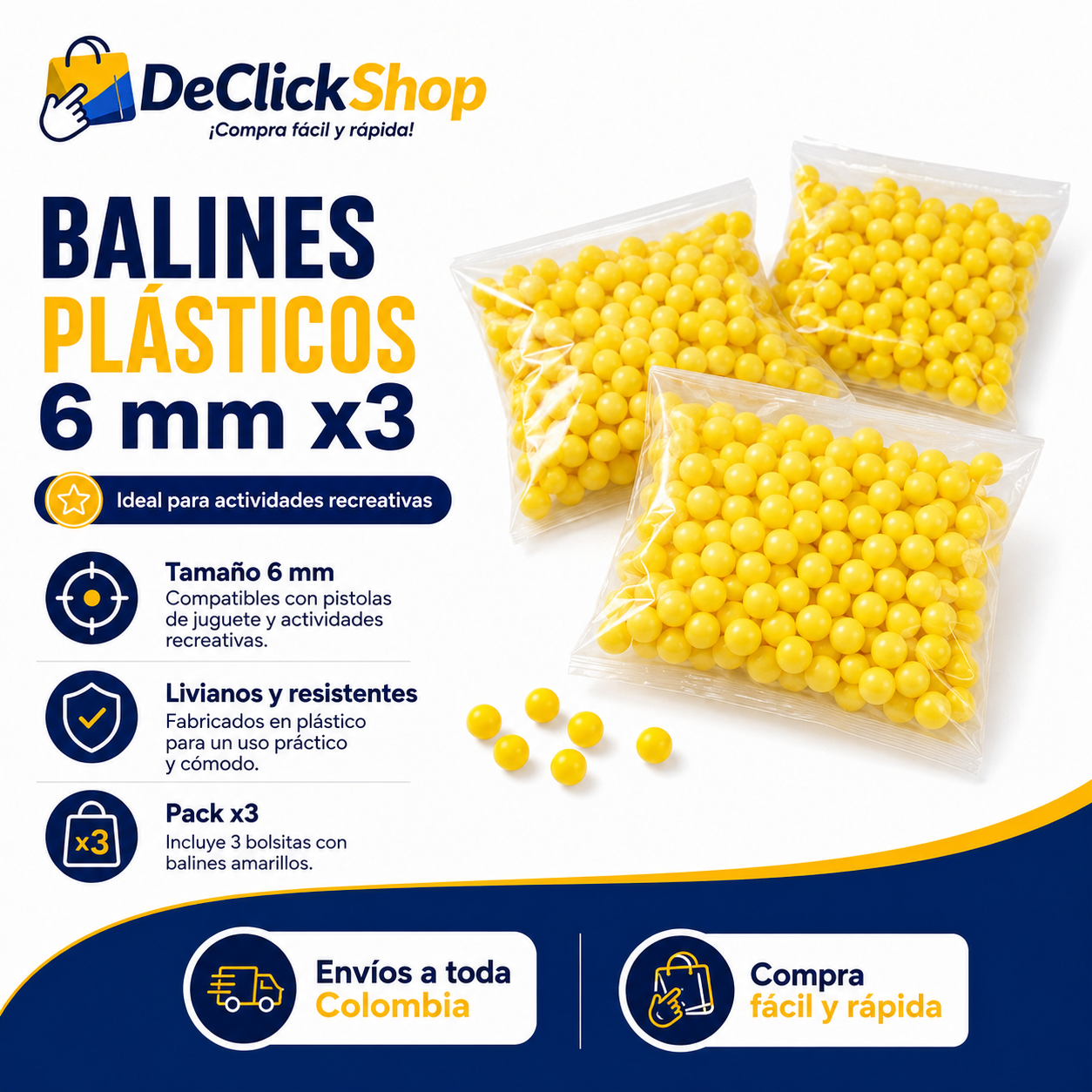 Balines Plásticos Amarillos 6 mm x3 – Pack Recreativo para Pistolas de Juguete