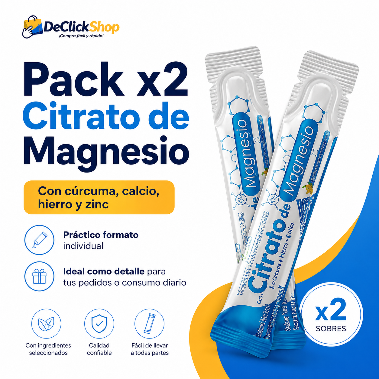 Pack x2 Citrato de Magnesio en Sobres – Con Cúrcuma, Calcio, Hierro y Zinc
