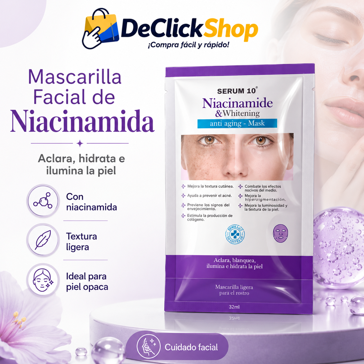 Mascarilla Facial de Niacinamida – Aclara, Hidrata e Ilumina la Piel