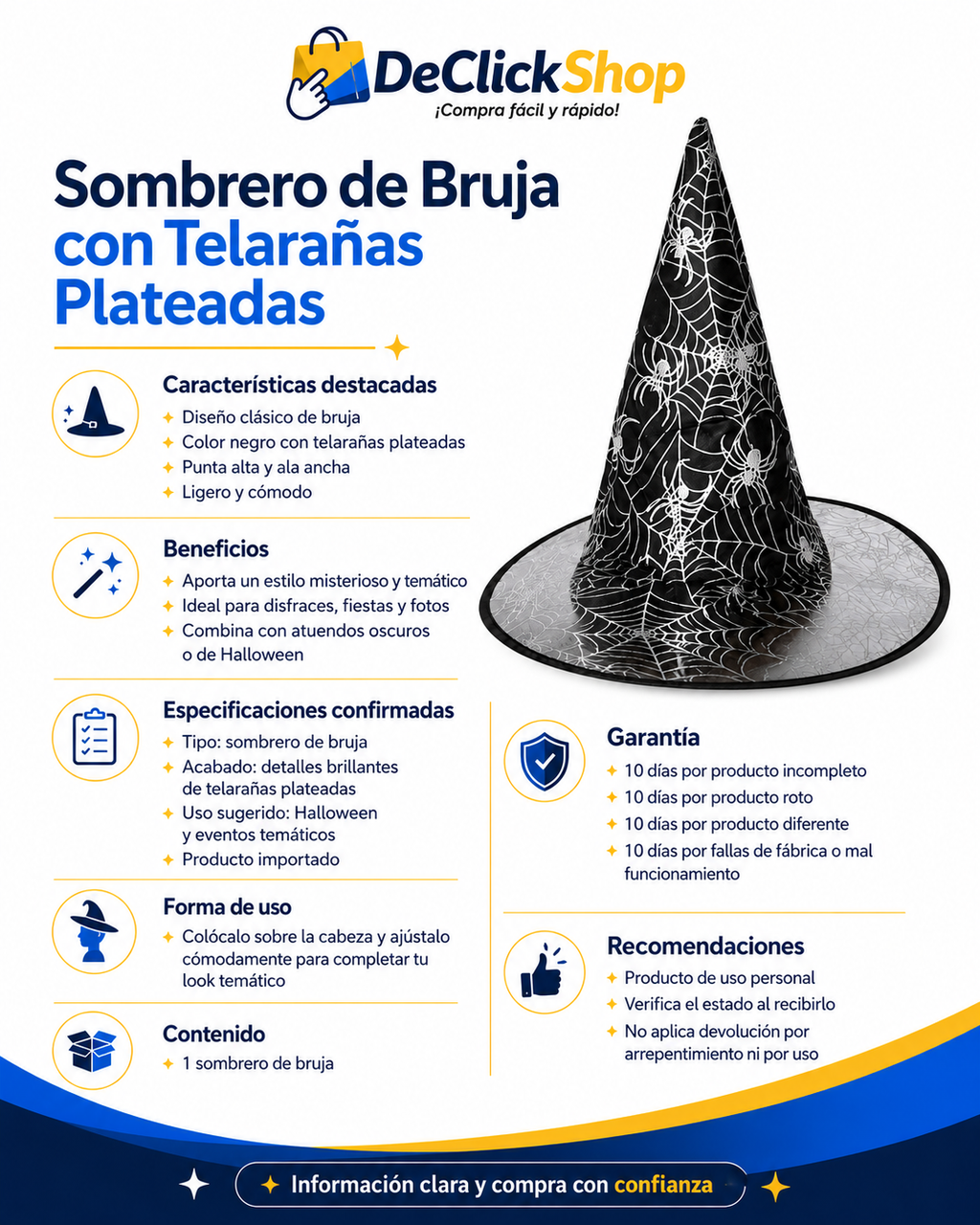 Sombrero de Bruja Negro con Telarañas Plateadas