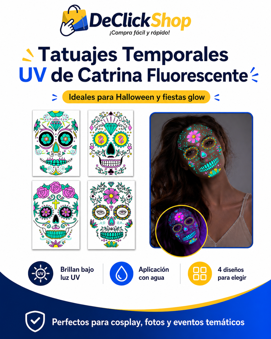 Tatuaje Temporal UV de Catrina – Diseños Fluorescentes