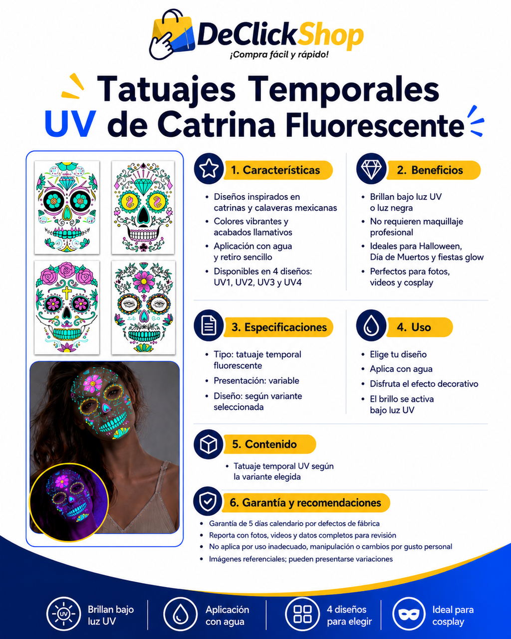 Tatuaje Temporal UV de Catrina – Diseños Fluorescentes