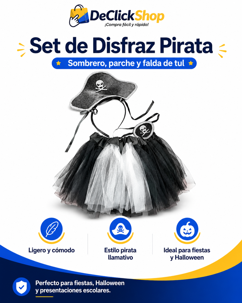 Set de Disfraz Pirata con Falda de Tul, Sombrero y Parche