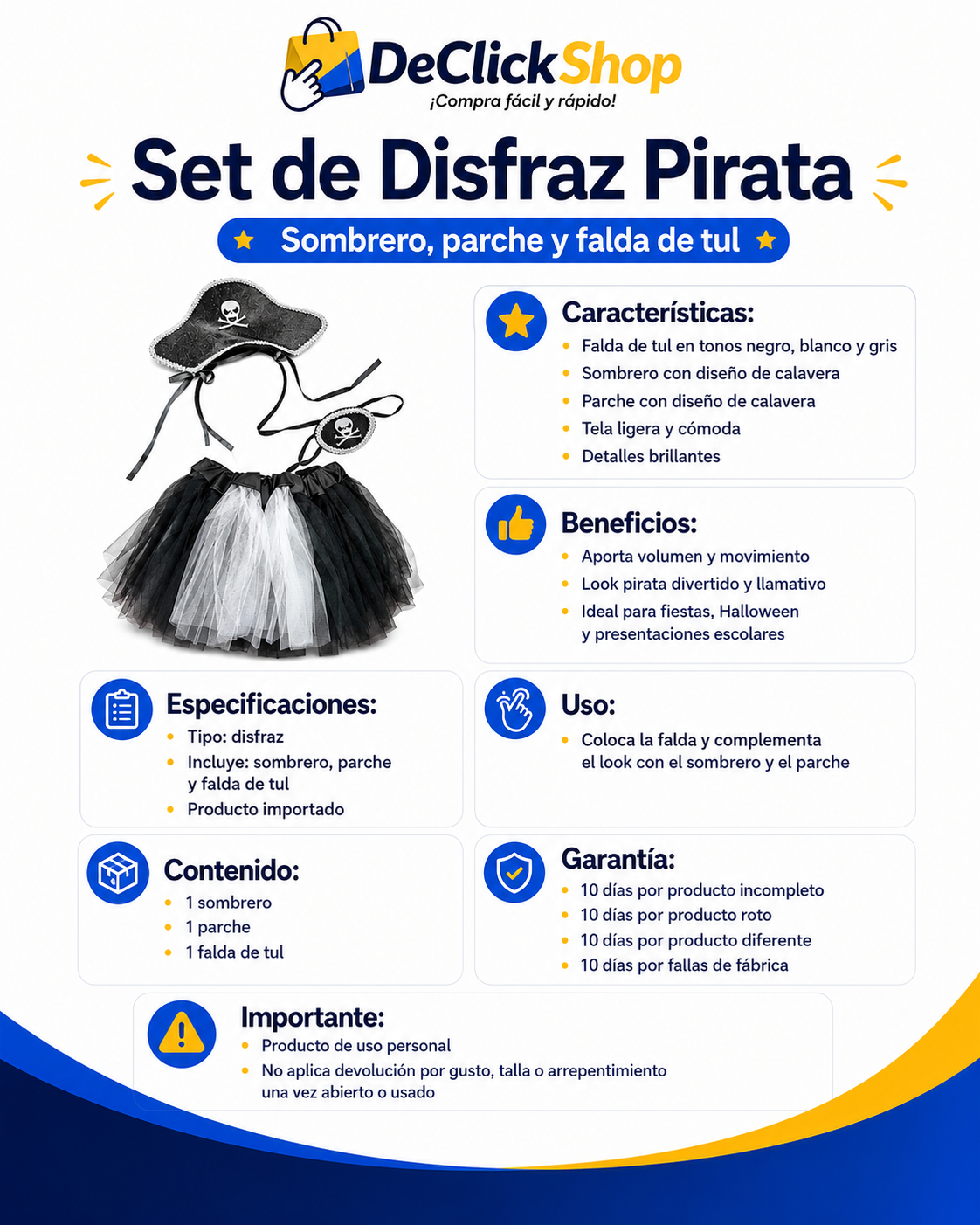 Set de Disfraz Pirata con Falda de Tul, Sombrero y Parche