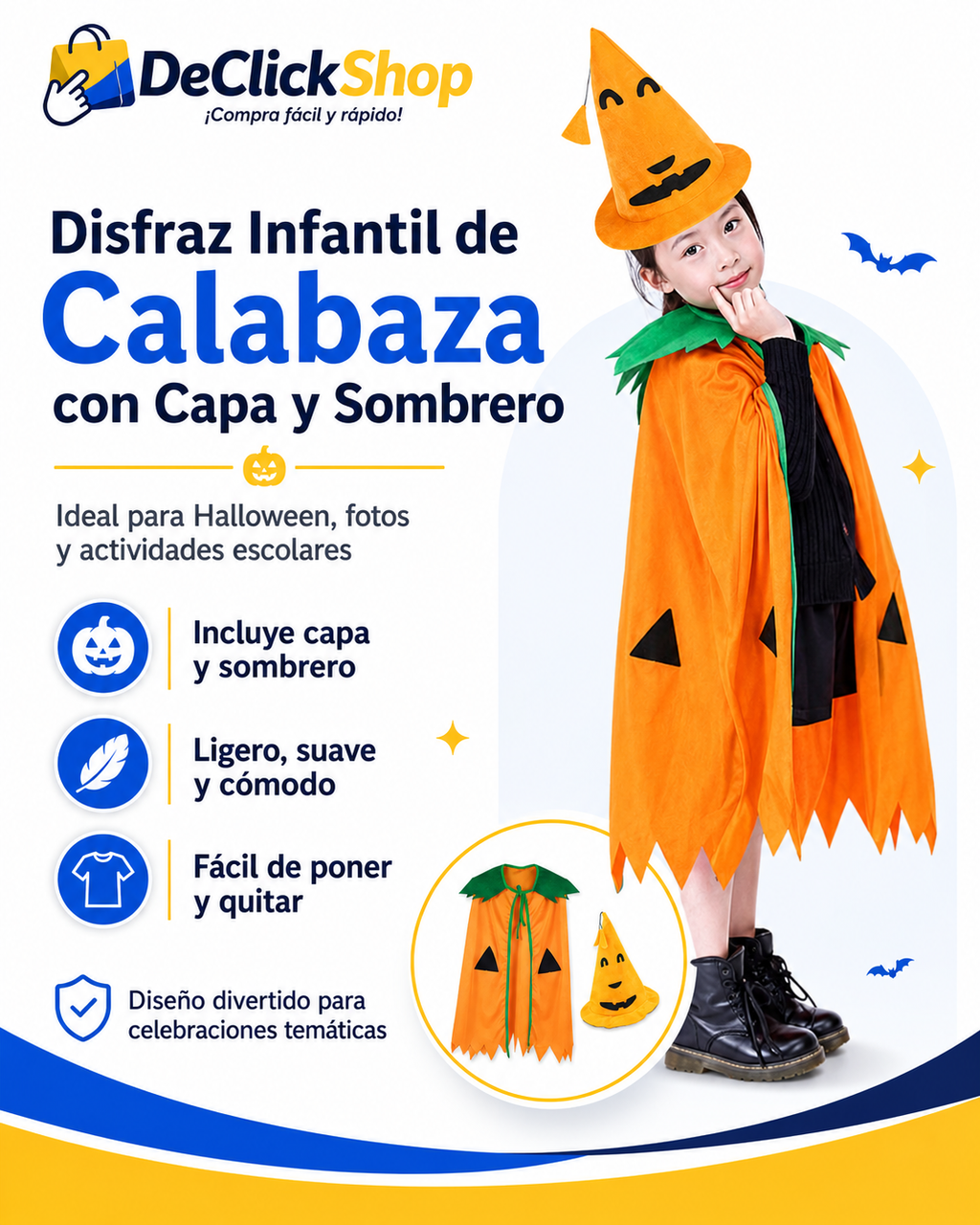 Disfraz Infantil de Calabaza con Capa y Sombrero