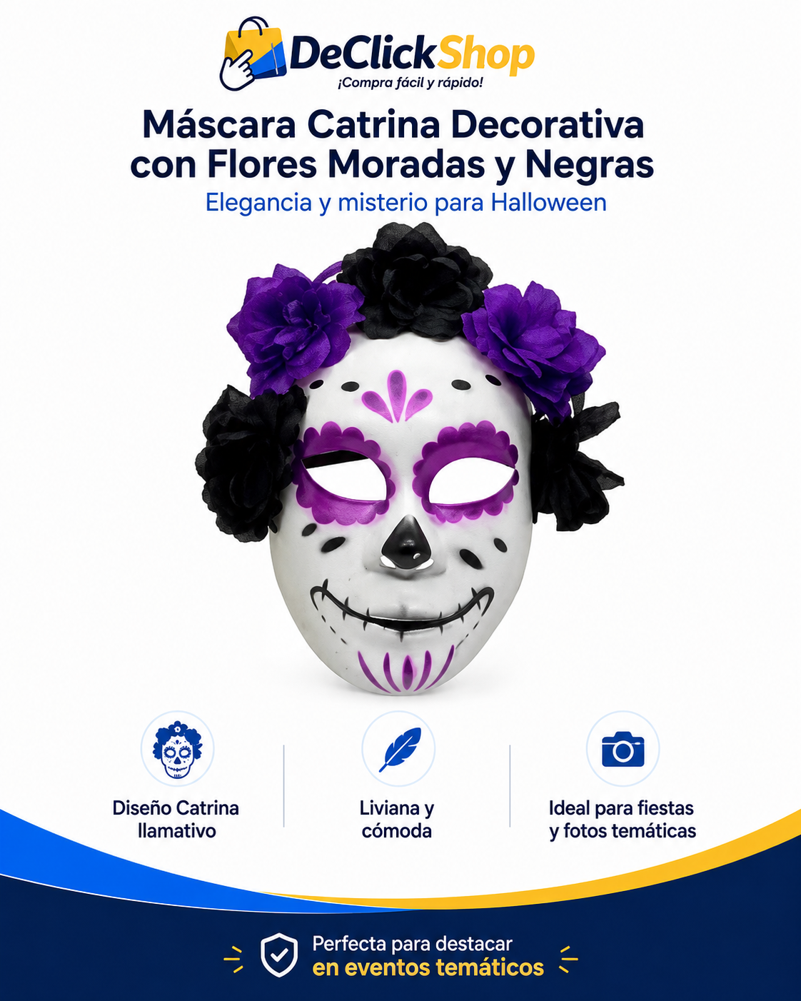Máscara Catrina Decorativa con Flores Moradas y Negras