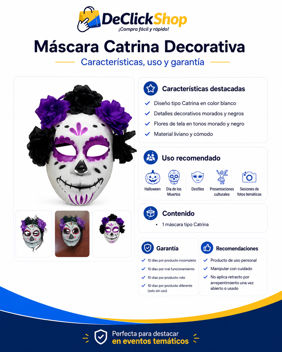 Máscara Catrina Decorativa con Flores Moradas y Negras