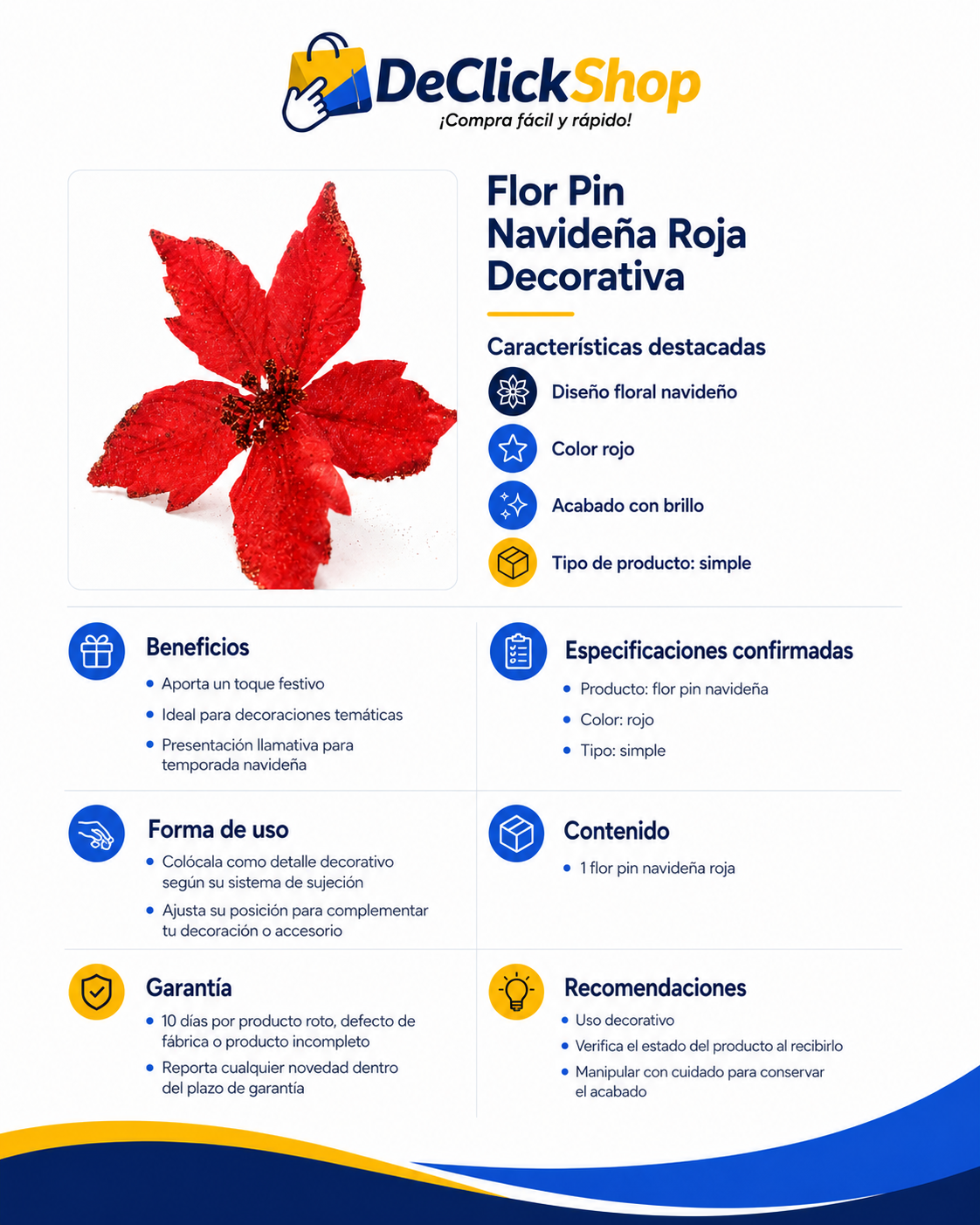 Flor Pin Navideña Roja Decorativa con Brillo