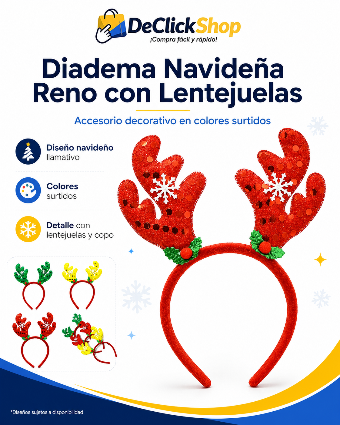 Diadema Navideña de Reno con Lentejuelas – Colores Surtidos
