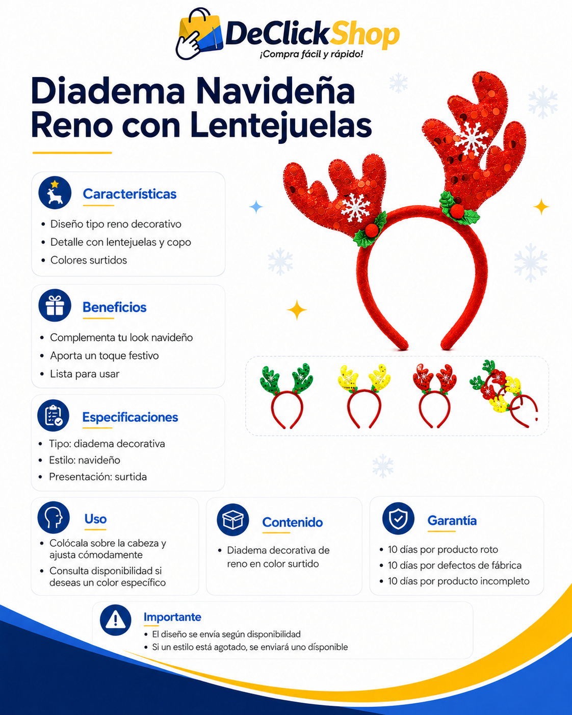 Diadema Navideña de Reno con Lentejuelas – Colores Surtidos