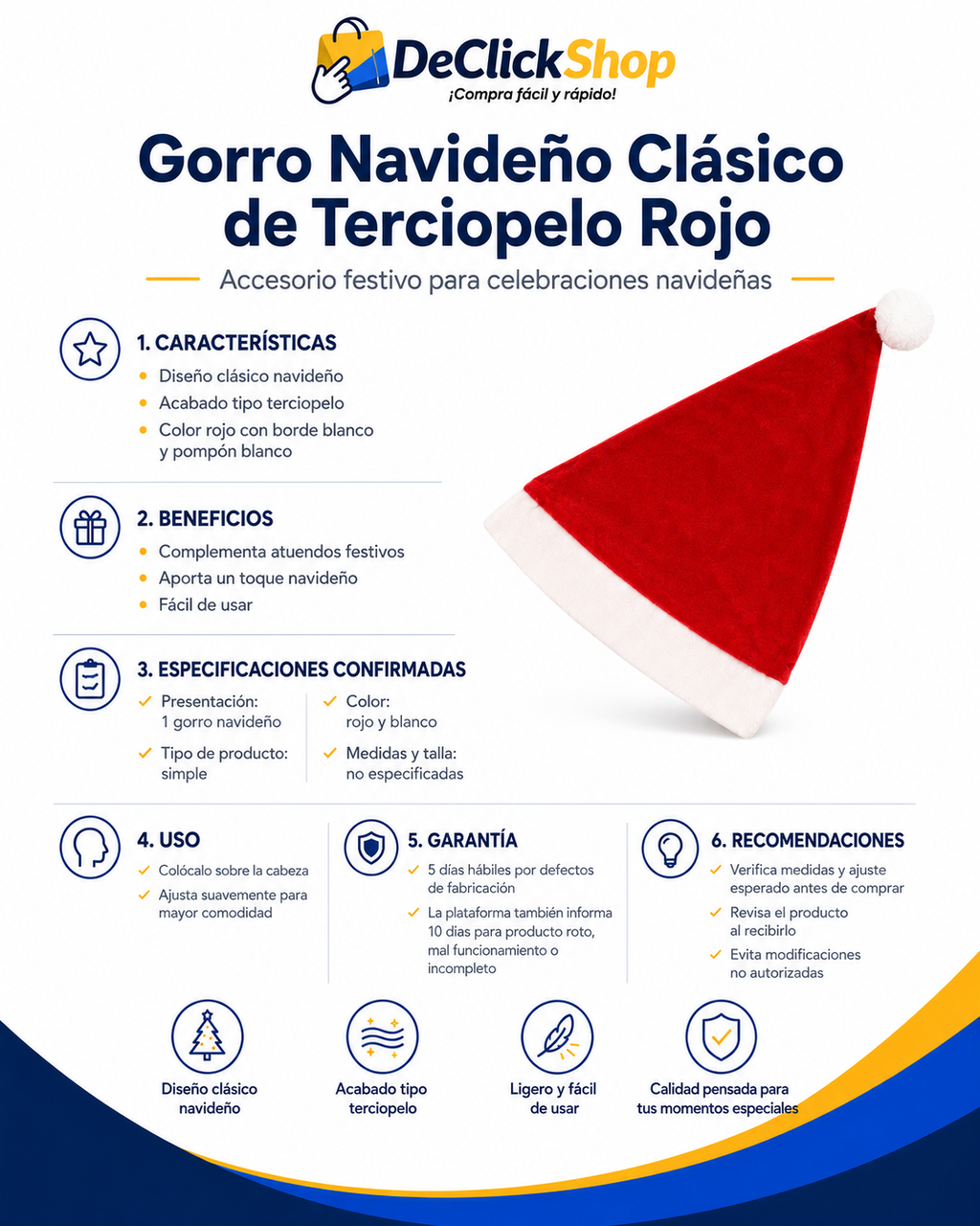 Gorro Navideño Clásico de Terciopelo Rojo