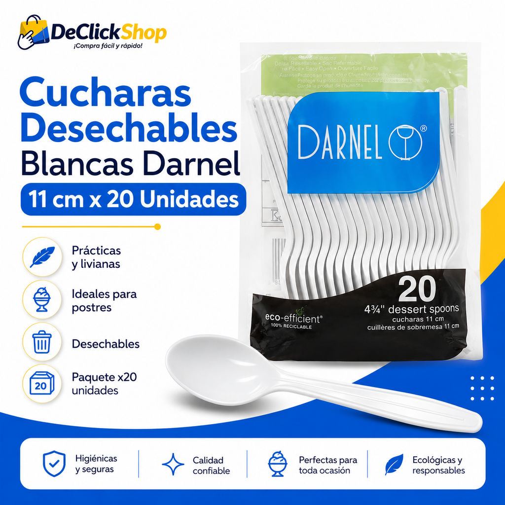 Cucharas Desechables Blancas Darnel 11 cm x 20 Unidades