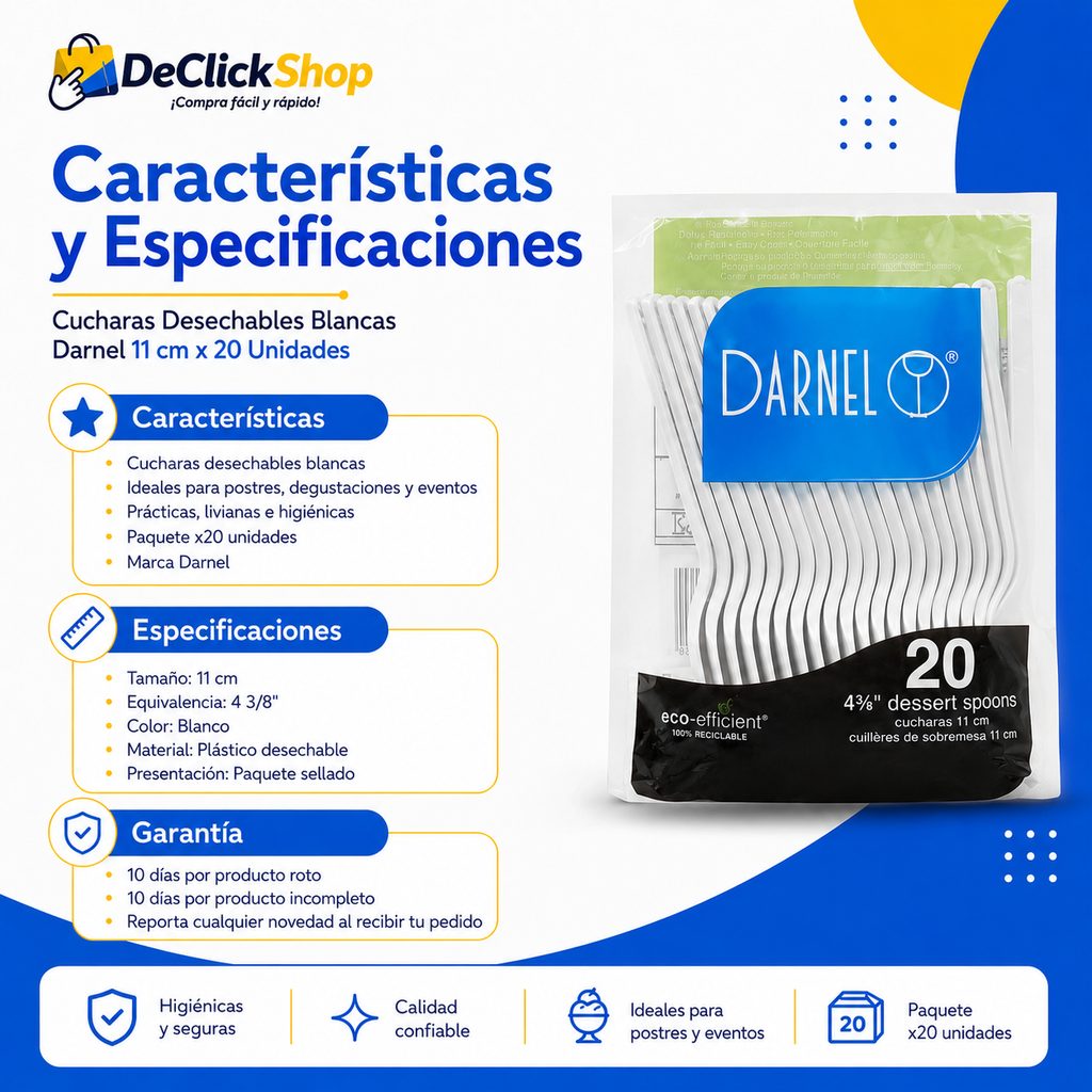 Cucharas Desechables Blancas Darnel 11 cm x 20 Unidades