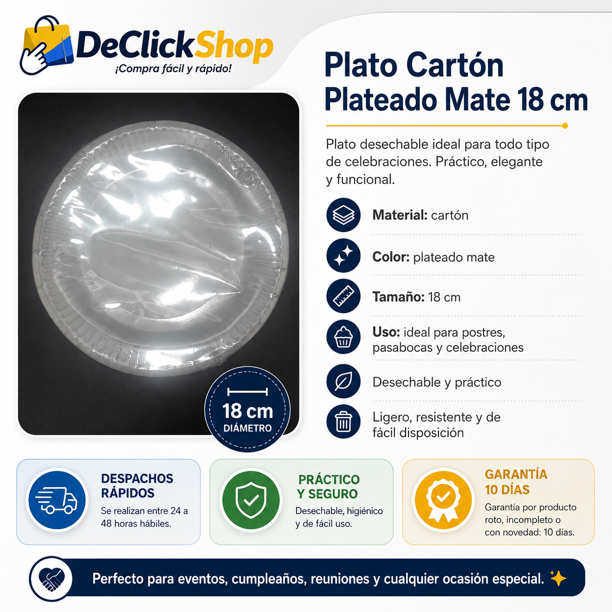 Plato Cartón Plateado Mate 18 cm para Fiestas y Celebraciones
