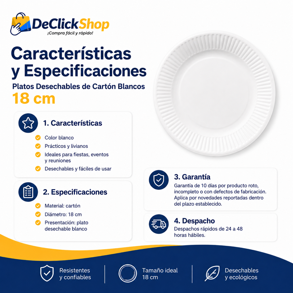 Platos Desechables Blancos de Cartón 18 cm
