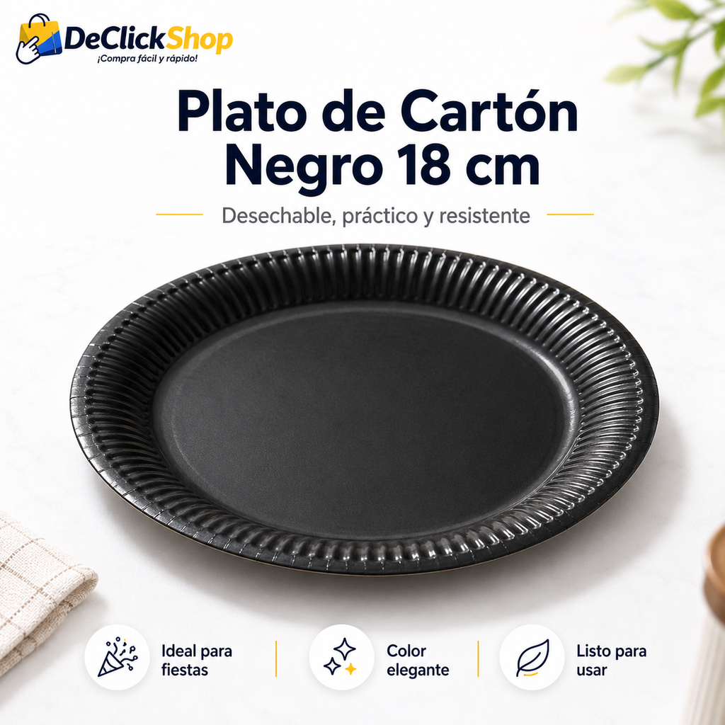 Plato Desechable Negro de Cartón 18 cm – Ideal para Fiestas y Celebraciones