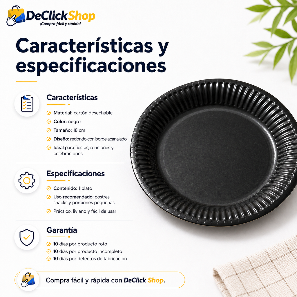 Plato Desechable Negro de Cartón 18 cm – Ideal para Fiestas y Celebraciones