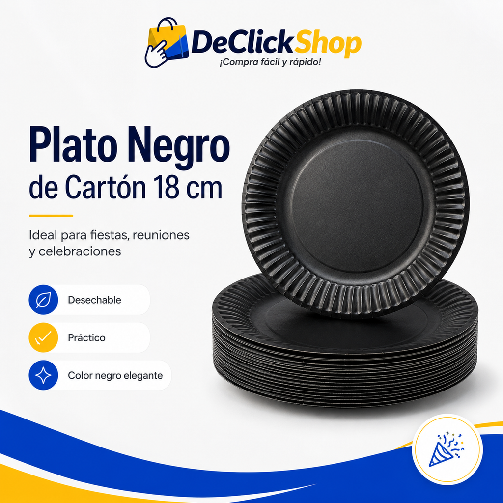 Plato Negro Desechable de Cartón 18 cm | Ideal para Fiestas, Eventos y Reuniones