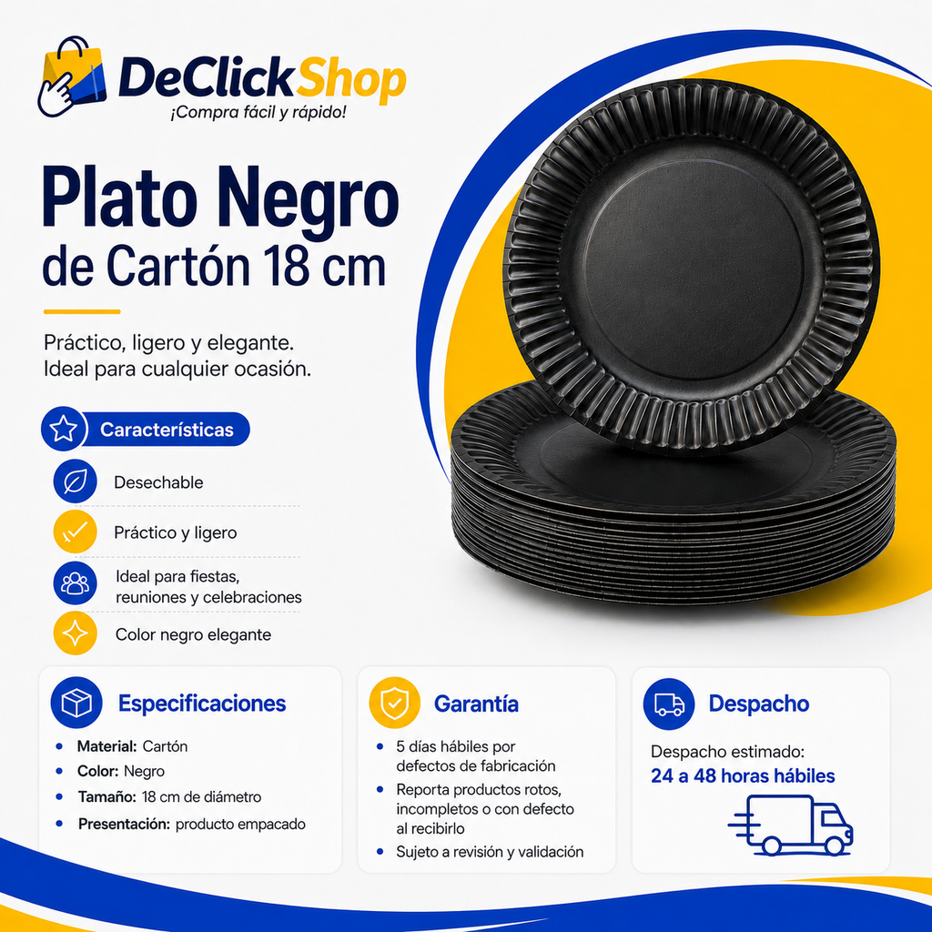 Plato Negro Desechable de Cartón 18 cm | Ideal para Fiestas, Eventos y Reuniones