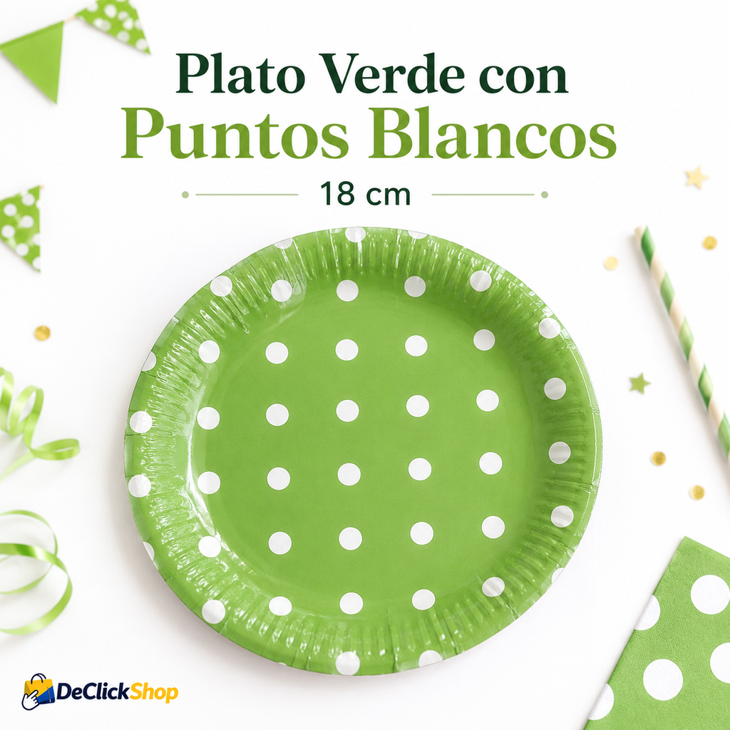 Plato Desechable Verde con Puntos Blancos 18 cm para Fiestas y Celebraciones