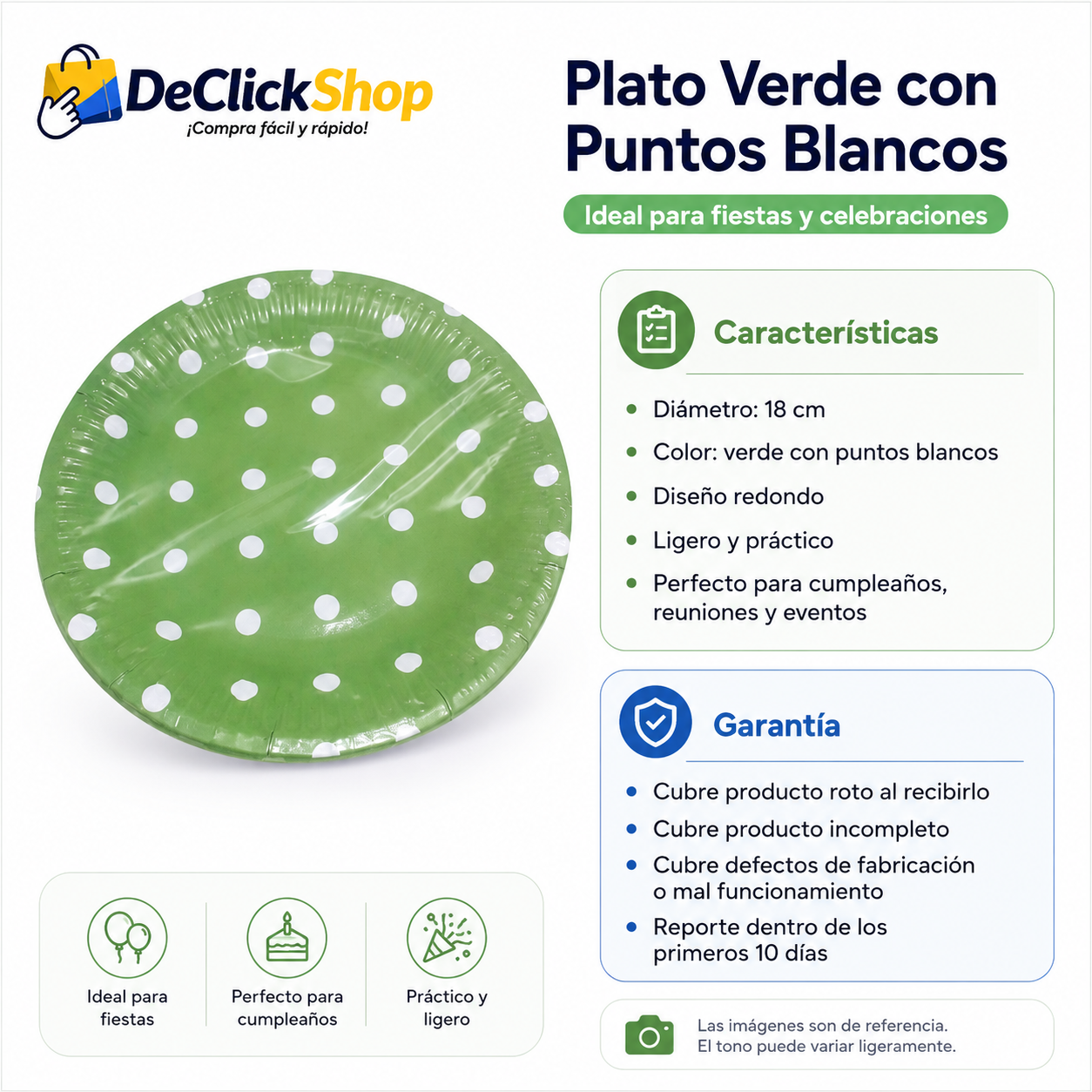 Plato Desechable Verde con Puntos Blancos 18 cm para Fiestas y Celebraciones