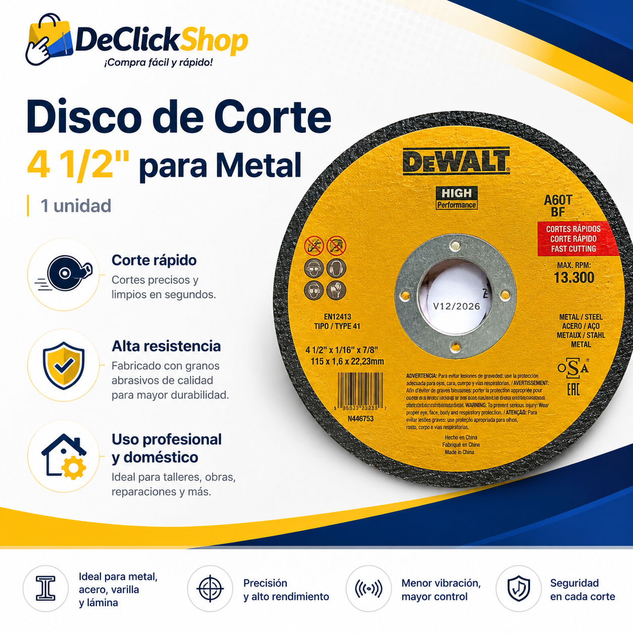 Disco de Corte 4 1/2” para Metal y Acero – 1 Unidad