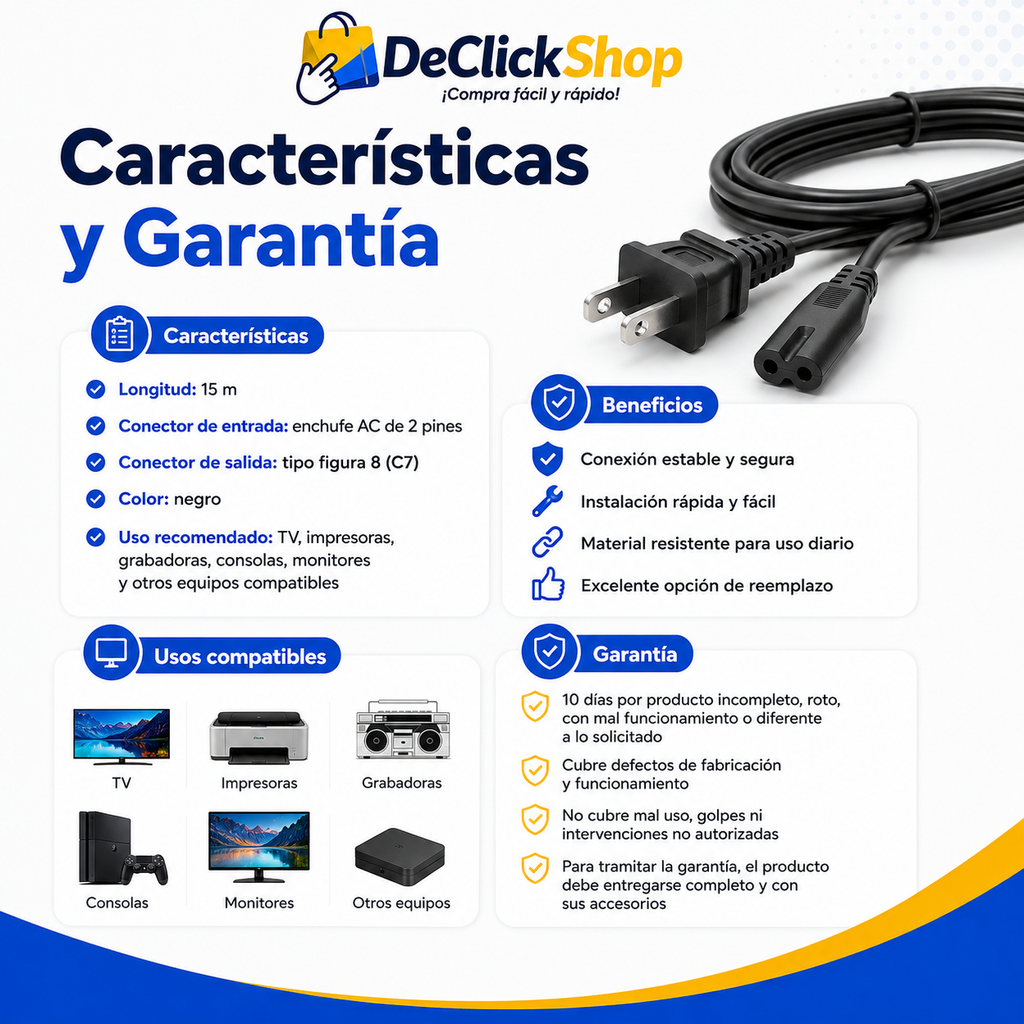 Cable de Poder Multifuncional 15 Metros Tipo Figura 8 C7