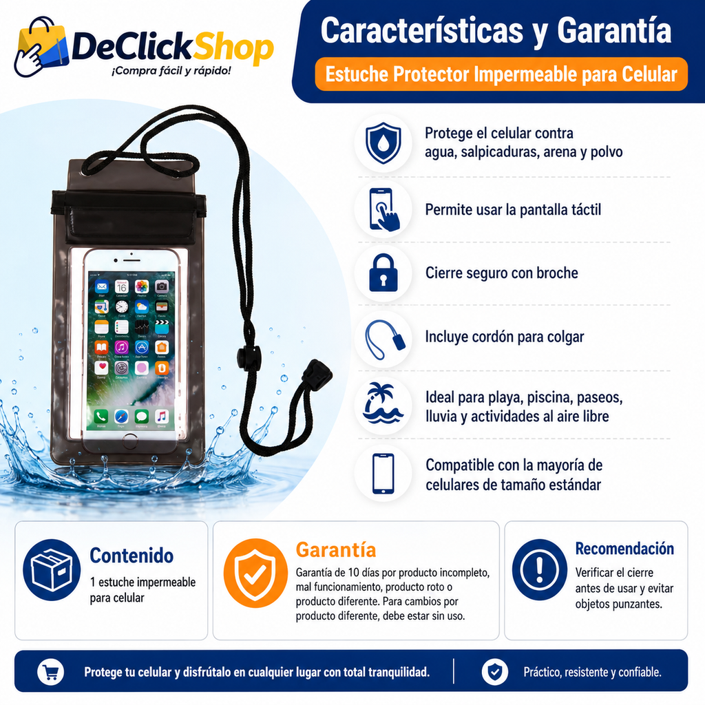 Estuche Protector Impermeable para Celular con Cordón – Ideal para Playa, Piscina y Lluvia
