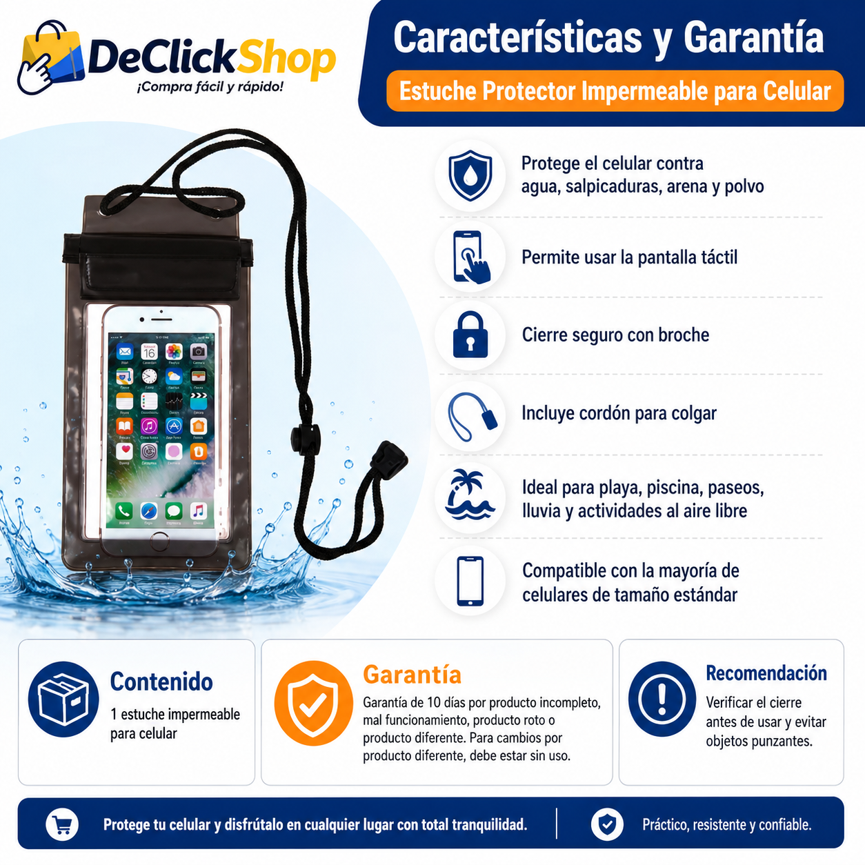 Estuche Protector Impermeable para Celular con Cordón – Ideal para Playa, Piscina y Lluvia