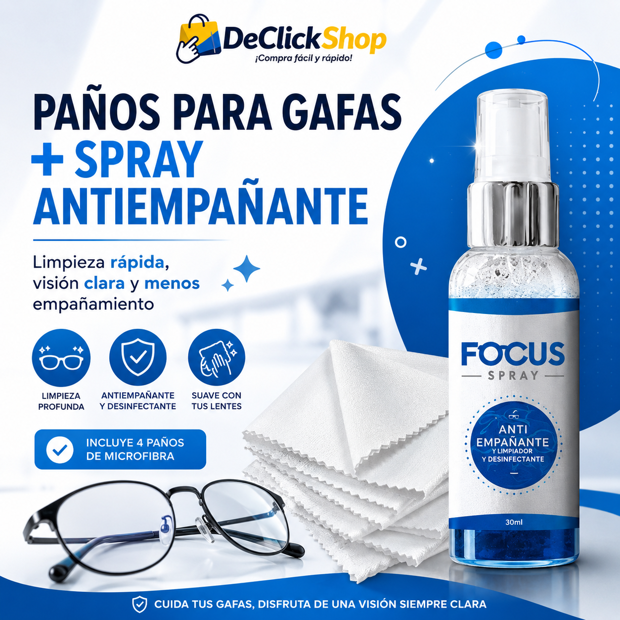 Kit Limpiador para Gafas con Spray Antiempañante + 4 Paños de Microfibra
