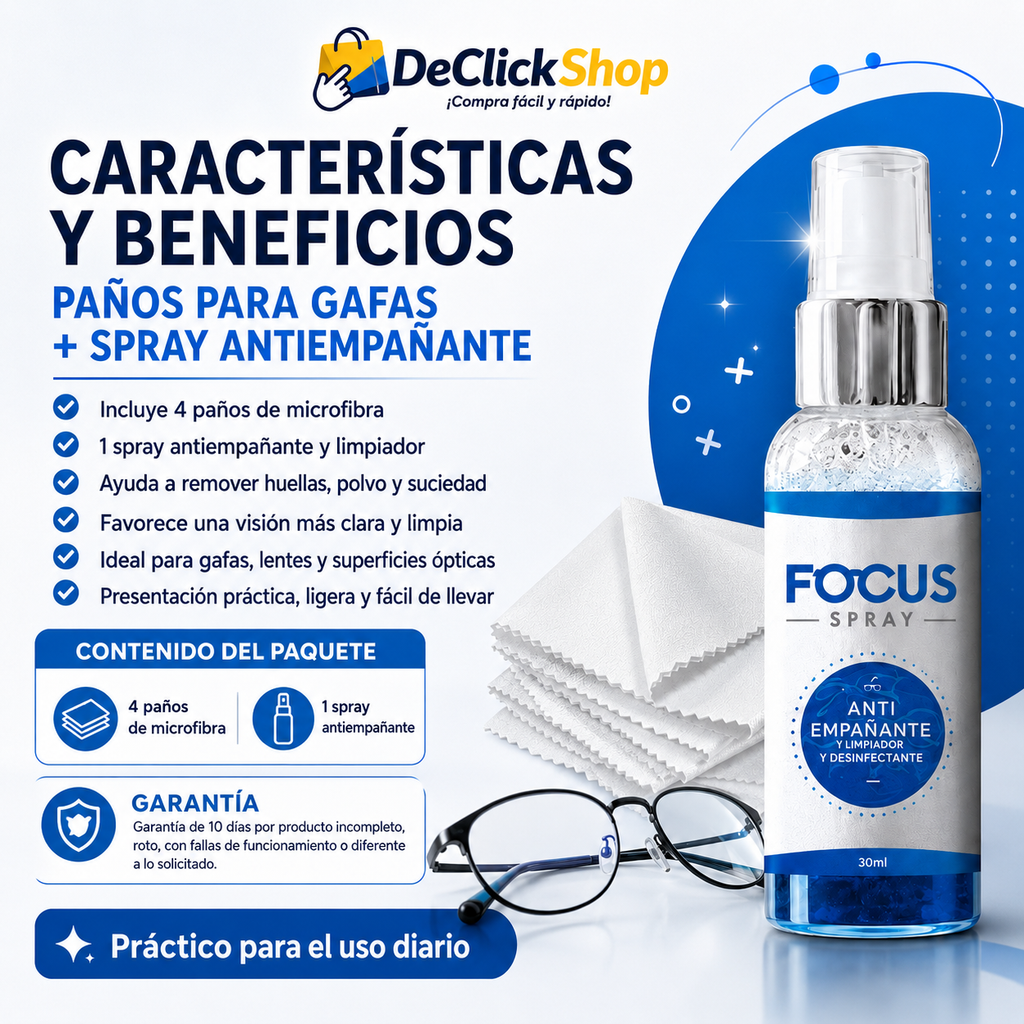 Kit Limpiador para Gafas con Spray Antiempañante + 4 Paños de Microfibra
