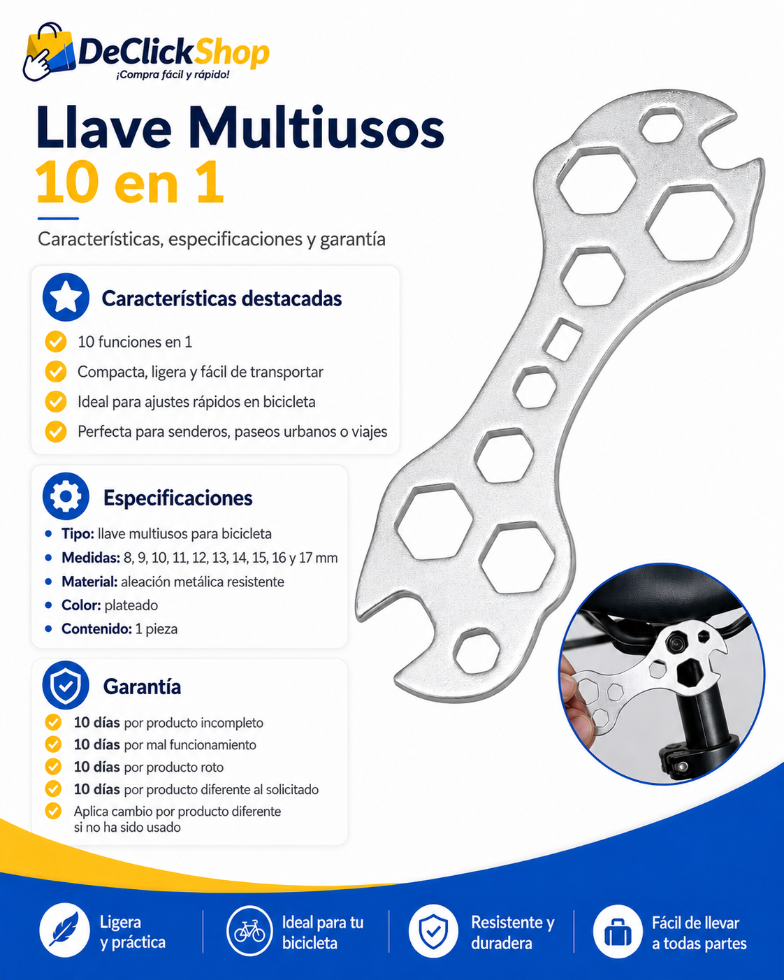 Llave Multiusos 10 en 1 para Bicicleta | Herramienta Compacta y Resistente